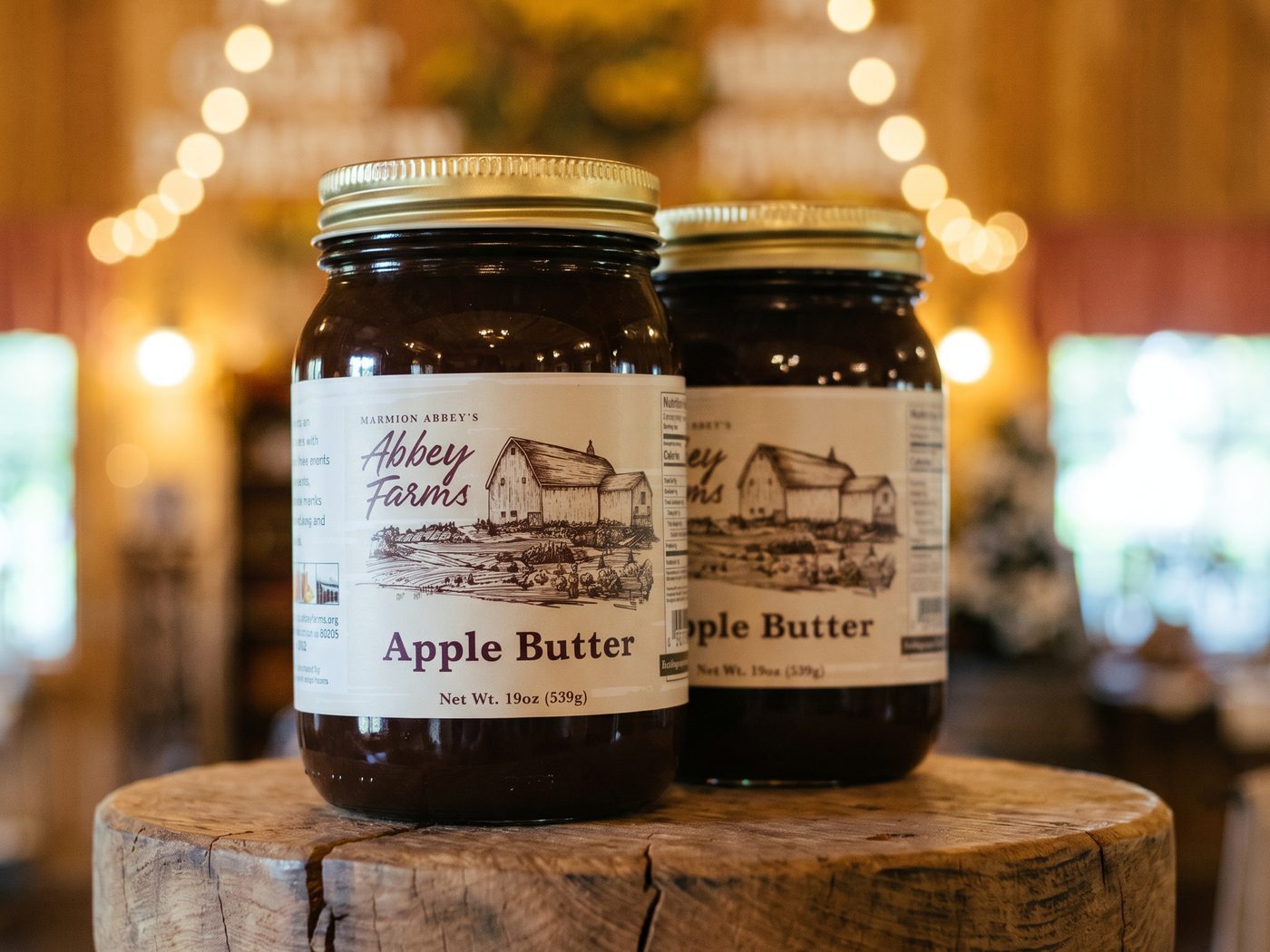Abbey Farms apple butter jars on a rustic stand