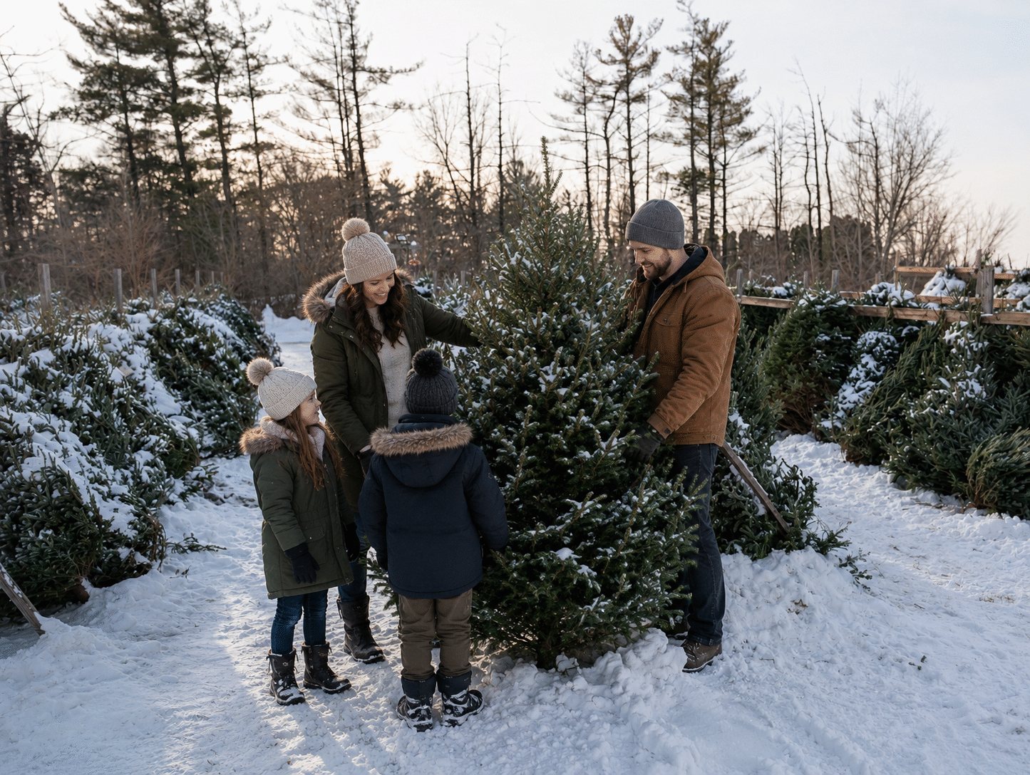 A family of four choosing a snow-dusted Christmas tree at the Abbey Farms tree lot