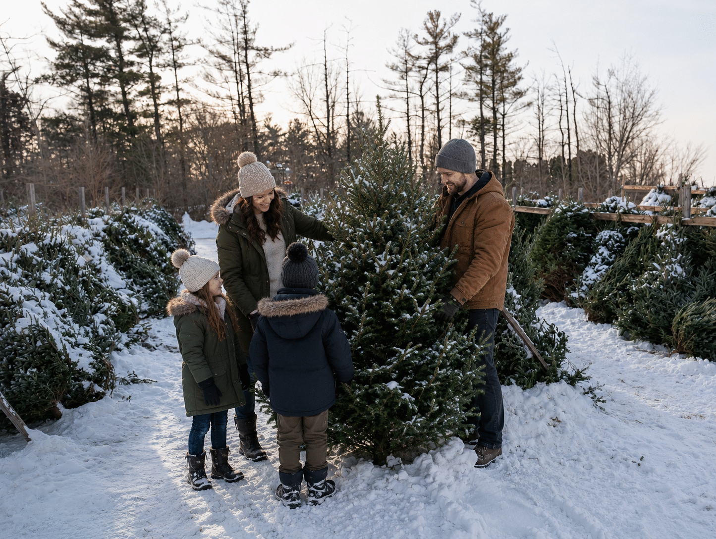 A family choosing a Christmas tree at Abbey Farms