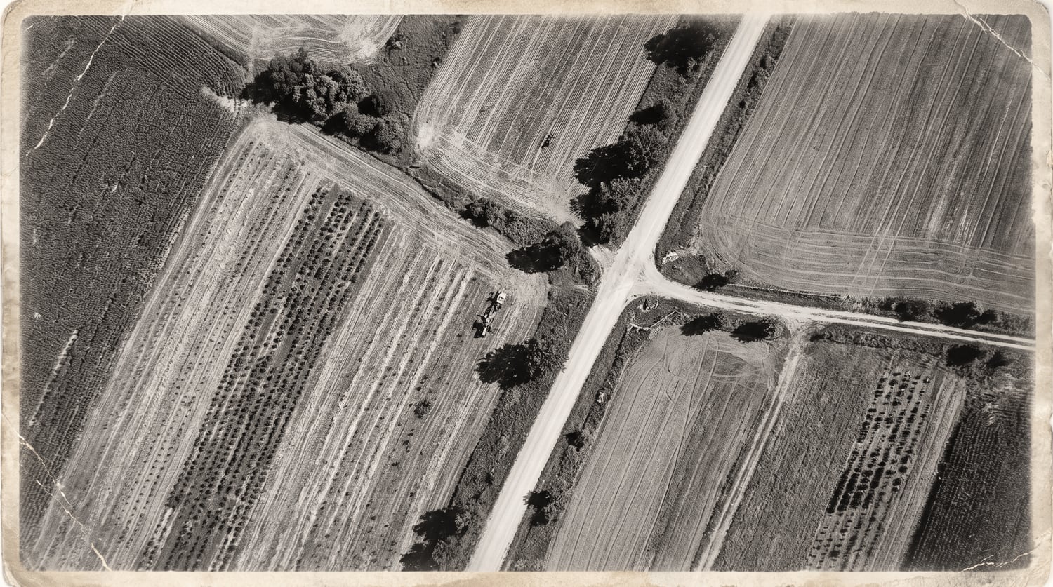 Aerial view of the Abbey Farms fields and the roads crossing through them