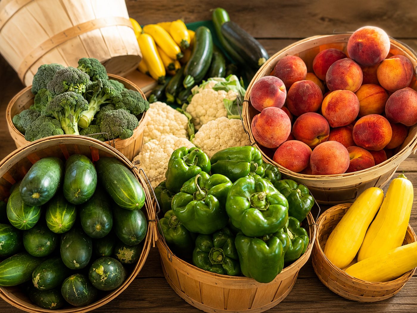 Bushel baskets of broccoli, cucumbers, peppers, peaches, and squash at the Abbey Farms produce stand