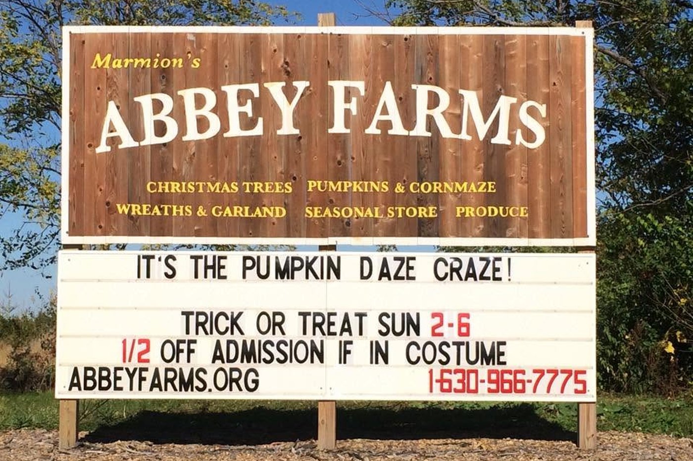 The wooden Abbey Farms road sign announcing the Pumpkin Daze craze