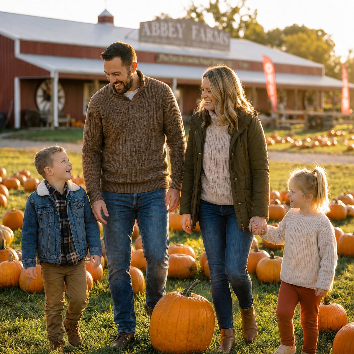 A family walking through the pumpkin patch in front of the red Abbey Farms barn