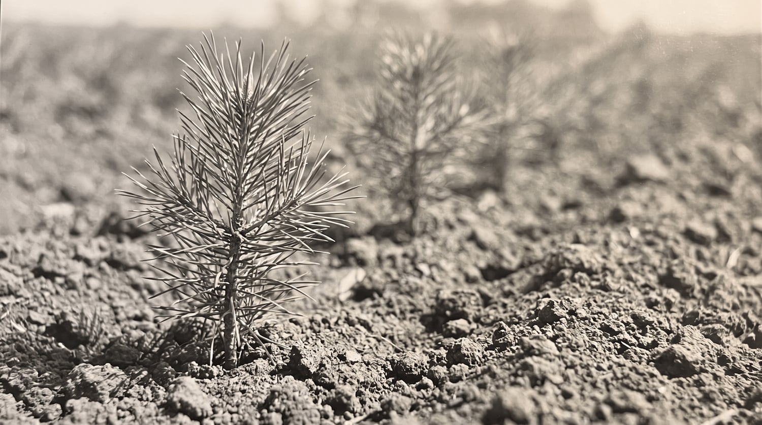 Young pine seedlings rooted in fresh-tilled soil in the fields at Abbey Farms